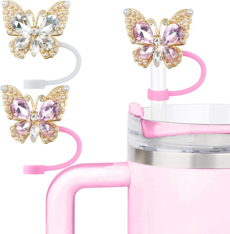 SEMATA 2PCS Cute Butterfly Straw Cover Cap for Stanley Cup Accessories,Bling Crystals Straw Toppers for Stanley Tumbler 40&30 oz,Rhinestone Reusable Straws Tips Protectors Compatible with 10mm Straws - Image 1